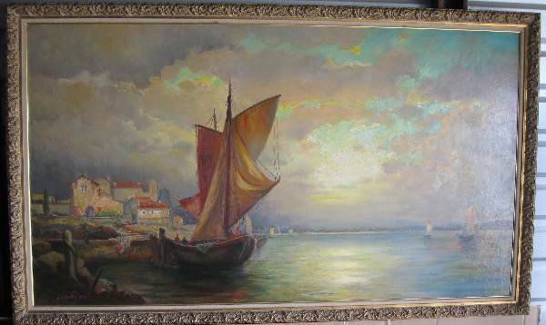 Painting by John William Orth (American, 1889-1976): John William Orth (American, 1889-1976). "Harbor Scene", oil on board. Circa 1962. Image dimension 33" x 59". Framing in good condition.