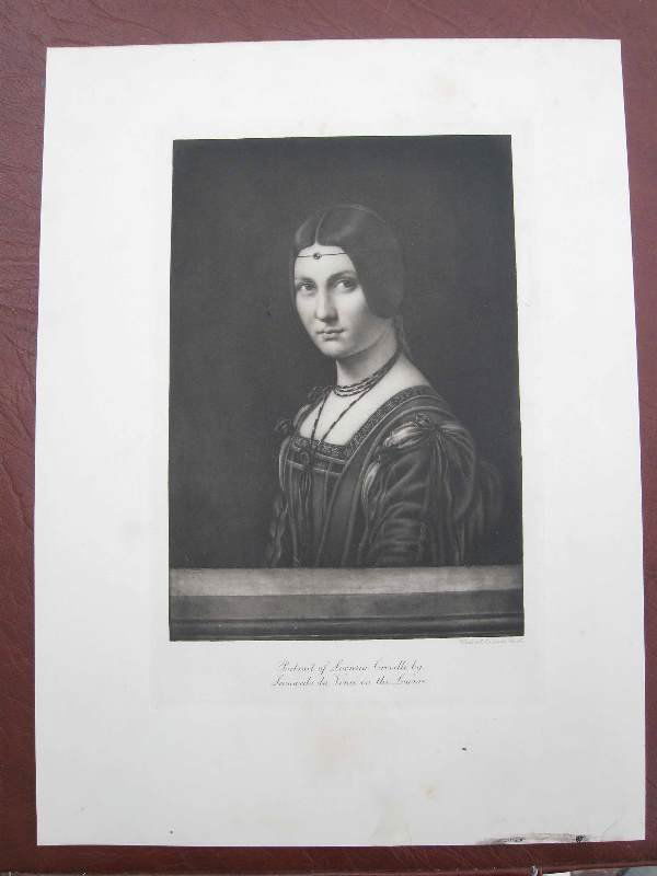 Engraving by Emery Walker (English, 1851-1933) & C: Emery Walker (English, 1851-1933). "Portrait of Lucrezia Crivelli by Leonardo da Vinci in the Louvre.", engraving. Circa approximately 1990. Image dimension 7" x 9". Reads: "Emery Walker & Cockerell P