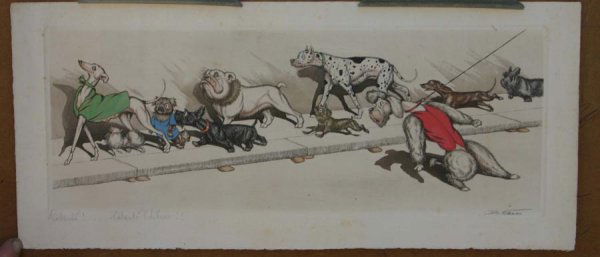 Etching by Boris O'Klein (French, 1893-1985): Boris O'Klein (French, 1893-1985). “Liberte Cherie”, etching. Image dimension 6” x 17”. Pencil signed by artist; signature partially illegible. Hand colored. Slight water spotting.