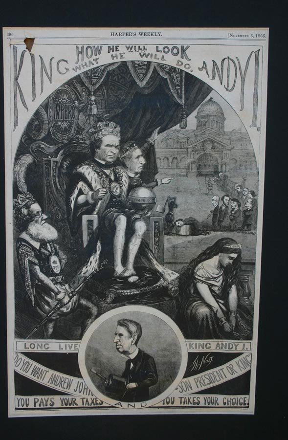 Print by Thomas Nast (German, 1840-1902): Thomas Nast (German, 1840-1902). “King Andy”, print. Image dimension 15” x 10”. Signature printed in image. Page 896 of Harper's Weekly, November 3, 1866. Tear in top left corner of image.