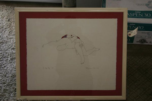 Etching by Weyman Lew (American, 1935- ): Weyman Lew (American, 1935- ). “A Lazy Day”, etching. Image dimension 18” x 22”. Frame dimension 23” x 27”. Signed by artist. Limited edition: 7/75. Framing in good condition.