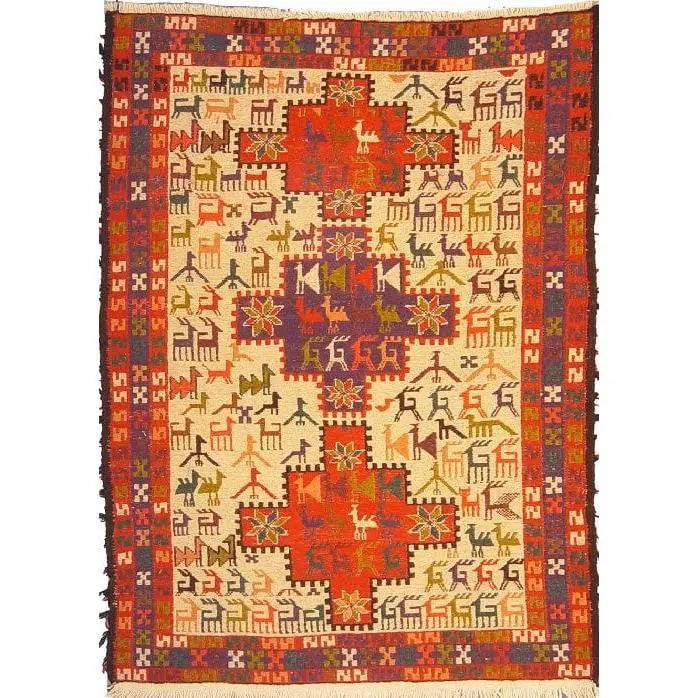 One Of The Kind Hand-Knotted Kilim Soumak 4'9" X 3'5": Lifetime Exchange Guarantee. The client is responsible for all shipping costs. Please call us for additional pictures and information. ABC Rugs Kilims Collection Moghan Kilim Collection And Modern Col
