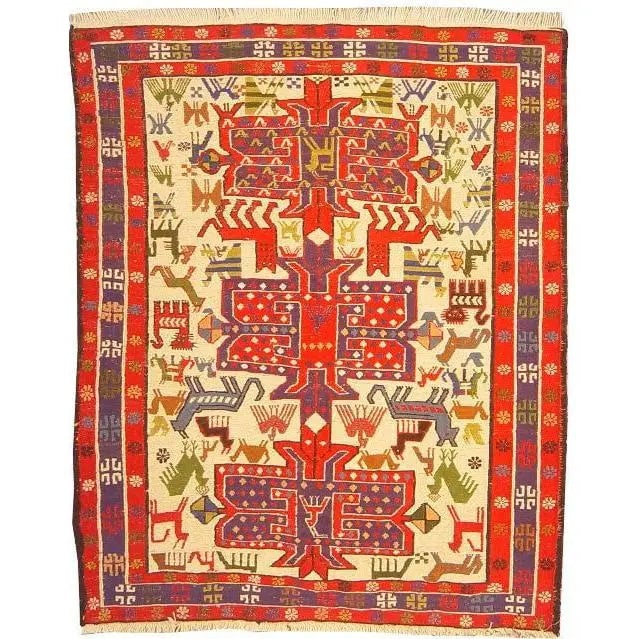 One Of The Kind Hand-Knotted Kilim Soumak 4'9" X 3'5": Lifetime Exchange Guarantee. The client is responsible for all shipping costs. Please call us for additional pictures and information. ABC Rugs Kilims Collection Moghan Kilim Collection And Modern Col