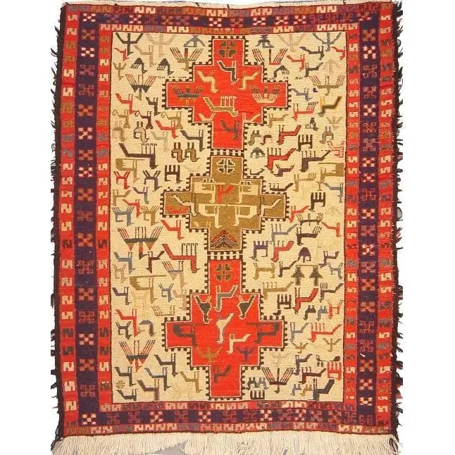 One Of The Kind Hand-Knotted Kilim Soumak 4'9" X 3'5": Lifetime Exchange Guarantee. The client is responsible for all shipping costs. Please call us for additional pictures and information. ABC Rugs Kilims Collection Moghan Kilim Collection And Modern Col