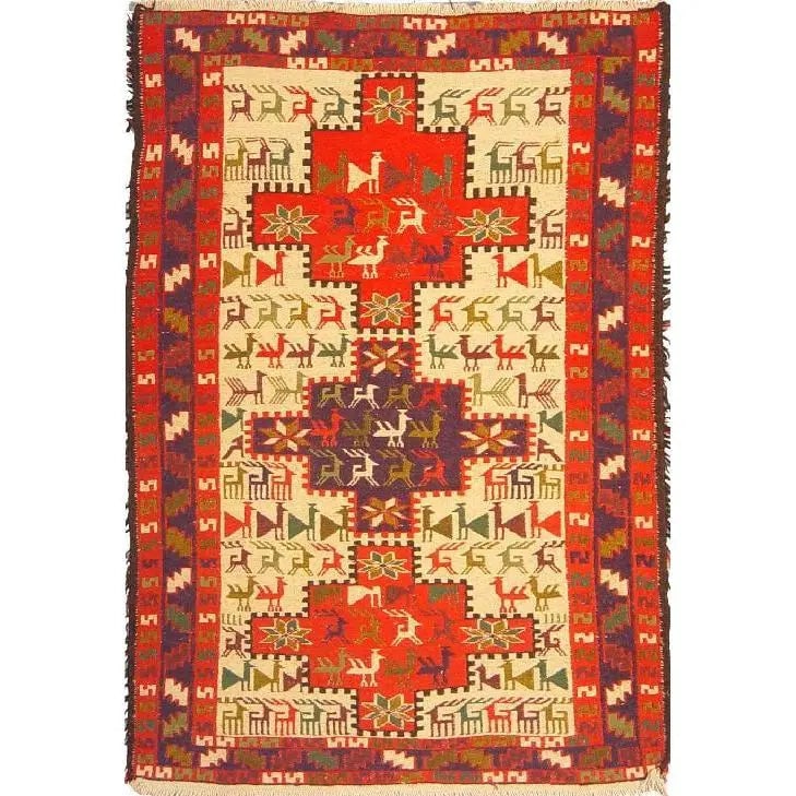 One Of The Kind Hand-Knotted Kilim Soumak 4'9" X 3'3": Lifetime Exchange Guarantee. The client is responsible for all shipping costs. Please call us for additional pictures and information. ABC Rugs Kilims Collection Moghan Kilim Collection And Modern Col