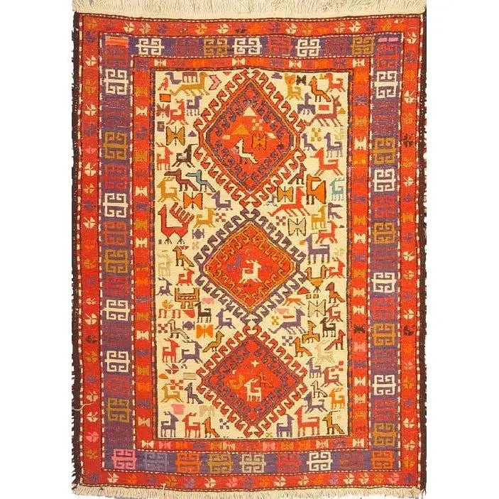 One Of The Kind Hand-Knotted Kilim Soumak 4'7" X 3'3": Lifetime Exchange Guarantee. The client is responsible for all shipping costs. Please call us for additional pictures and information. ABC Rugs Kilims Collection Moghan Kilim Collection And Modern Col