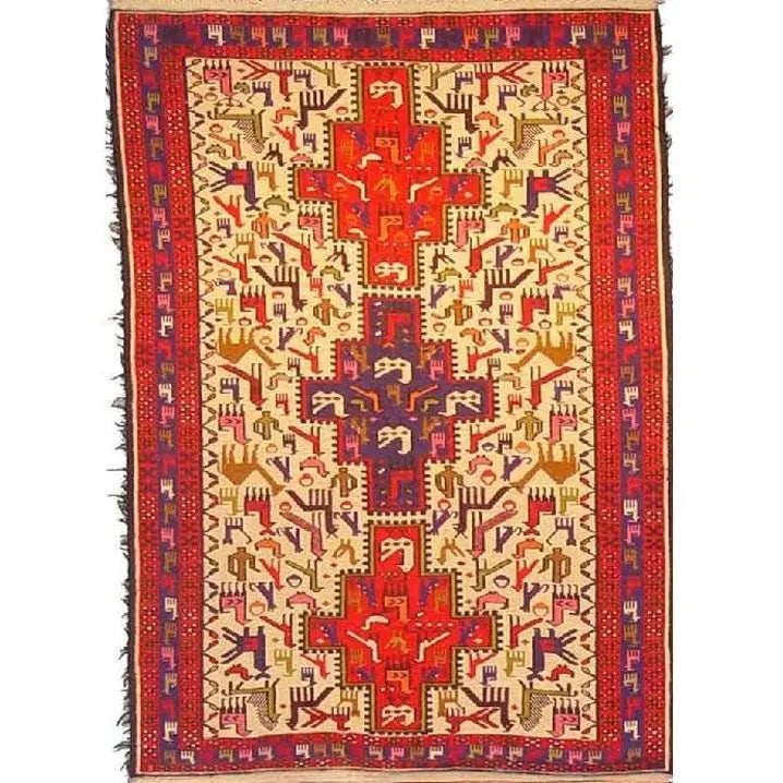 One Of The Kind Hand-Knotted Kilim Soumak 4'5" X 3'4": Lifetime Exchange Guarantee. The client is responsible for all shipping costs. Please call us for additional pictures and information. ABC Rugs Kilims Collection Moghan Kilim Collection And Modern Col