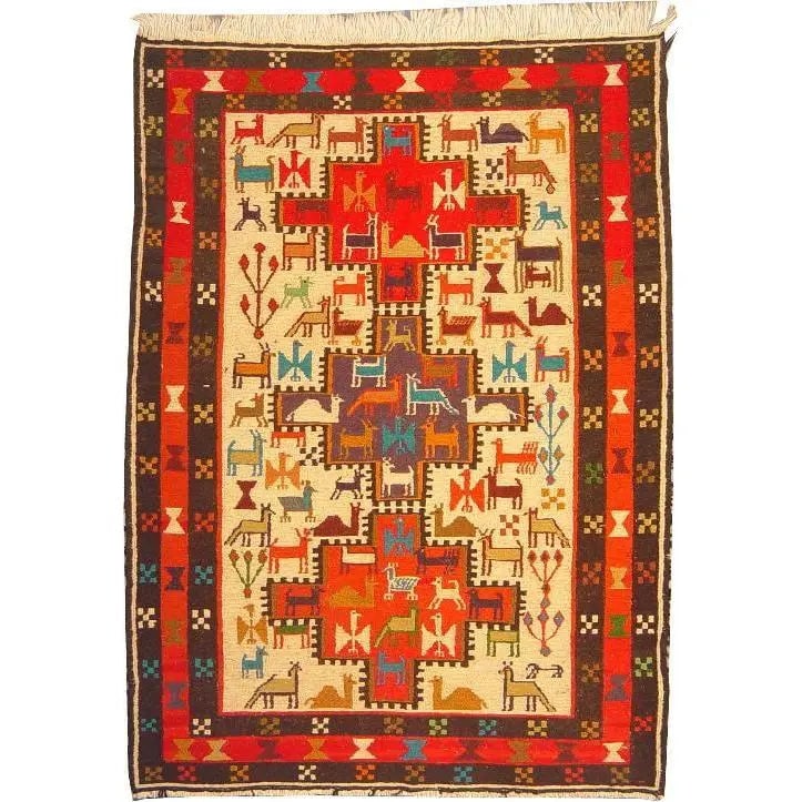 One Of The Kind Hand-Knotted Kilim Soumak 4'5" X 3'3": Lifetime Exchange Guarantee. The client is responsible for all shipping costs. Please call us for additional pictures and information. ABC Rugs Kilims Collection Moghan Kilim Collection And Modern Col