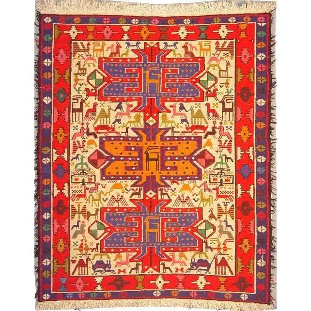 One Of The Kind Hand-Knotted Kilim Soumak 4'3" X 3'6": Lifetime Exchange Guarantee. The client is responsible for all shipping costs. Please call us for additional pictures and information. ABC Rugs Kilims Collection Moghan Kilim Collection And Modern Col