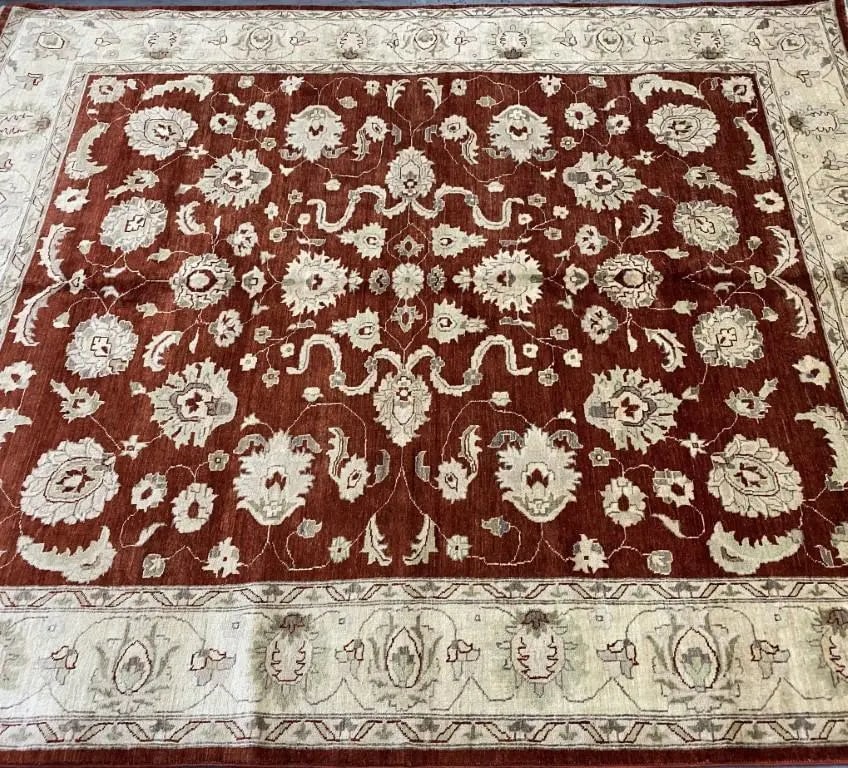 Hand Knotted One Of The Kind Peshawar And Khotan Rug 9'9" x 7'11" Pes_Kho_217: ABC Rugs Kilims Collection Pakistani Traditional Style Hand-Knotted Natural Wool And Cotton Rug From Peshawar 9'9'' X 7'11 (Abcpk01794) (Rr10169) (Red, Gold) Hand knotted and meticulously crafted by P
