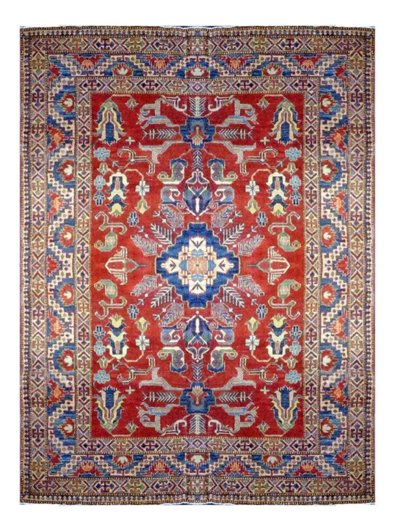 Hand Knotted One Of The Kind Peshawar And Khotan Rug 9'2" x 6'7" Pes_Kho_227: ABC Rugs Kilims Collection Pakistani Traditional Hand-Knotted Rug Made With Natural Wool & Cotton 9'2 X 6'7 (Abc 4542) (Red, Blue) Hand knotted and meticulously crafted by Pakistan artisans, this 