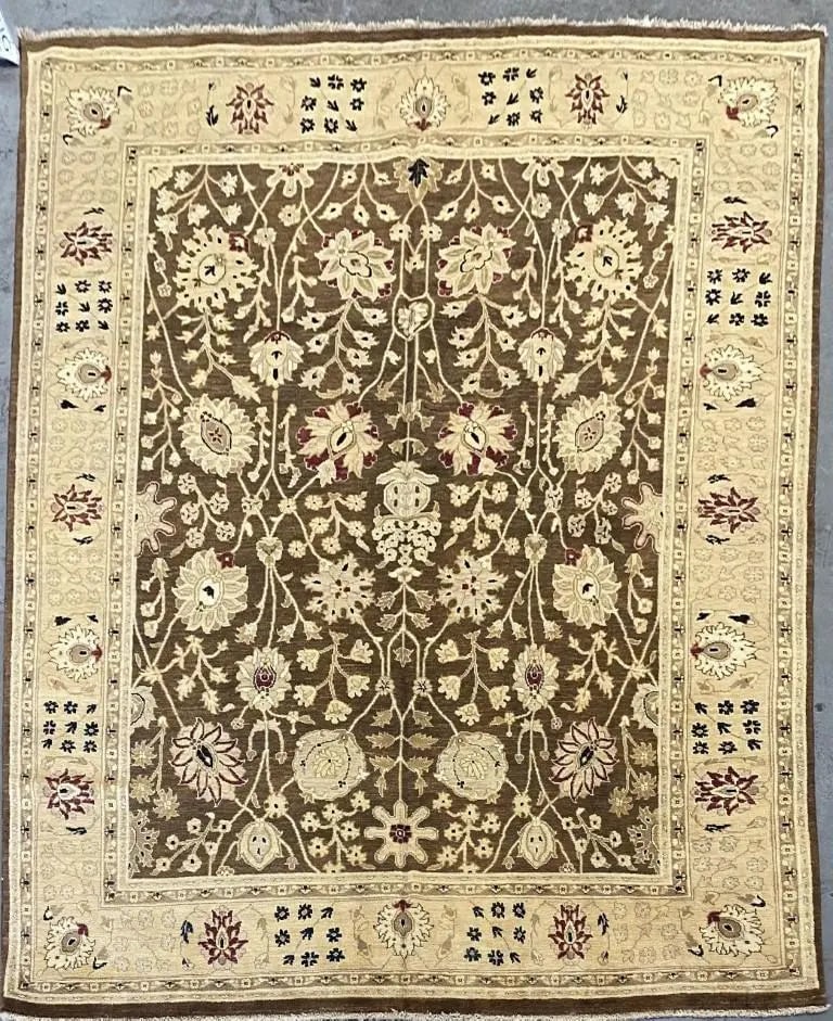 Hand Knotted One Of The Kind Peshawar And Khotan Rug 9'9" x 8'0" Pes_Kho_237: ABC Rugs Kilims Collection Pakistani Peshawar Traditional Hand-Knotted Rug Made With Natural Wool And Cotton 9'9'' X 8'0'' (Abcr01806) (Brown, Gold) Hand knotted and meticulously crafted by Pakistan a