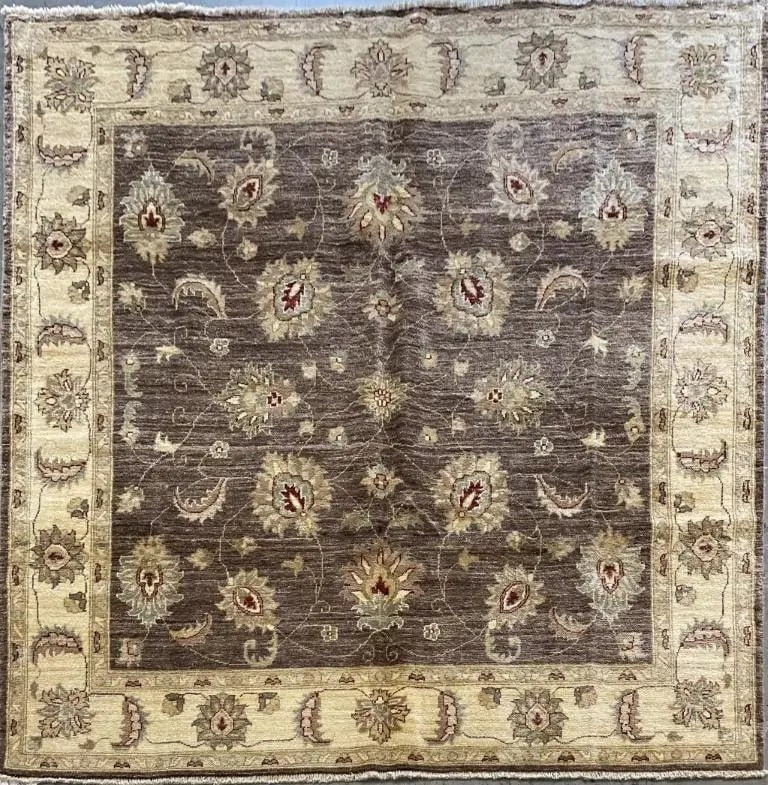 Hand Knotted One Of The Kind Peshawar And Khotan Rug 6'8" x 6'6" Pes_Kho_248: ABC Rugs Kilims Collection Pakistani Peshawar Hand-Knotted Rug Made With Natural Wool And Cotton 6'8'' X 6'6'' (Abcr01716) (Brown, Gold) Hand knotted and meticulously crafted by Pakistan artisans, thi