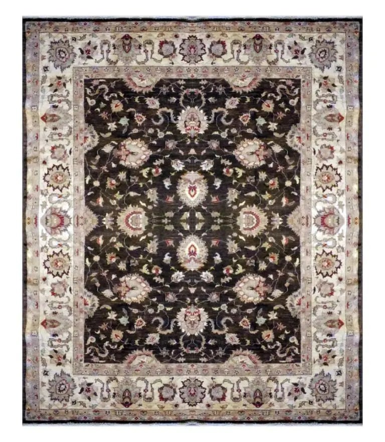 Hand Knotted One Of The Kind Peshawar And Khotan Rug 8'8" x 7'7" Pes_Kho_255: ABC Rugs Kilims Collection Pakistani Peshawar Hand-Knotted Rug Made With Natural Wool & Cotton 8'8'' X 7'7'' (Abc0) (Brown) Hand knotted and meticulously crafted by Pakistan artisans, this stunnin