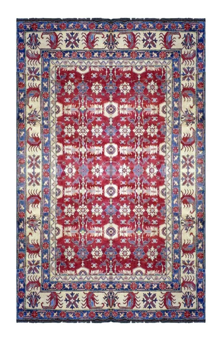 Hand Knotted One Of The Kind Peshawar And Khotan Rug 8'10" x 11'7" Pes_Kho_258: ABC Rugs Kilims Collection Pakistani Kazak Hand-Knotted Rug Made With Natural Wool & Cotton 8'10 X 11'7 (Abc 1) (Red, Blue) Hand knotted and meticulously crafted by Pakistan artisans, this stunnin