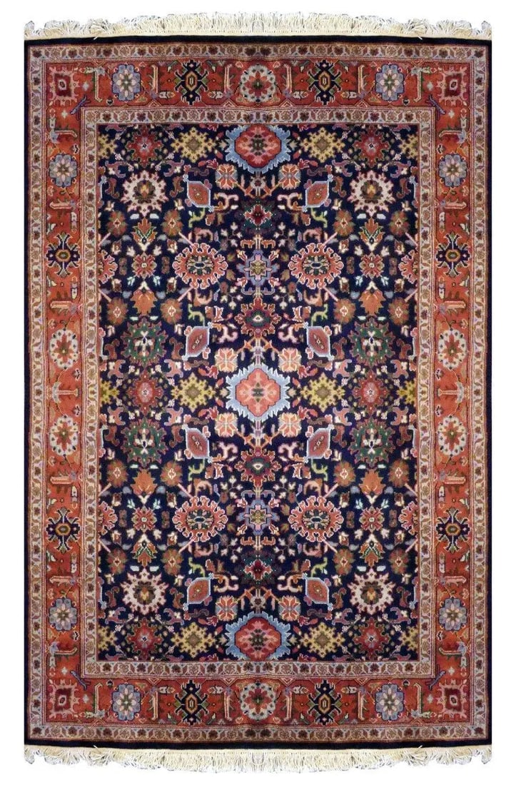 One Of The Kind Indian Hand-Knotted Rug 8'10 X 6'2: ABC Rugs Kilims Collection Indian Traditional Hand-Knotted Rug Made With Natural Wool & Cotton 8'10 X 6'2 (Abc851) (Red, Blue) Hand knotted and meticulously crafted by Indian artisans, this stunni