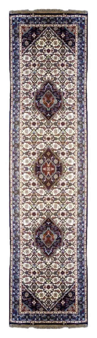 One Of The Kind Indian Hand-Knotted Rug 9'10 X 2'8: ABC Rugs Kilims Collection Indian Traditional Hand-Knotted Rug Made With Natural Wool & Cotton 9'10 X 2'8 (Abc3068) (Cream, Blue) Hand knotted and meticulously crafted by Indian artisans, this stu
