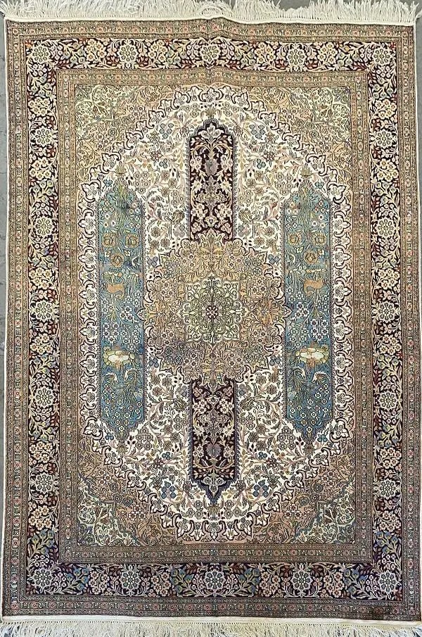 One Of The Kind Kashmiri Hand-Knotted Silk Rug 7'0'' x 5'2": ABC Rugs Kilims Collection Indian Traditional Style Hand-Knotted Natural Silk And Cotton Rug From Kashmir 7'0'' X 5'2 (Abcr002390) (Rr11573) (Brown, Green) Hand knotted and meticulously crafted by Ind