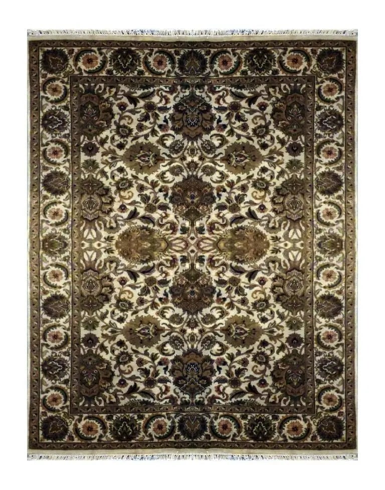 One Of The Kind Indian Hand-Knotted Rug 6'1'' X 8'11'': ABC Rugs Kilims Collection Indian Traditional Hand-Knotted Rug Made With Natural Wool & Cotton From Agra 6'1'' X 8'11'' (Abc754) (Cream, Brown) Hand knotted and meticulously crafted by Indian arti