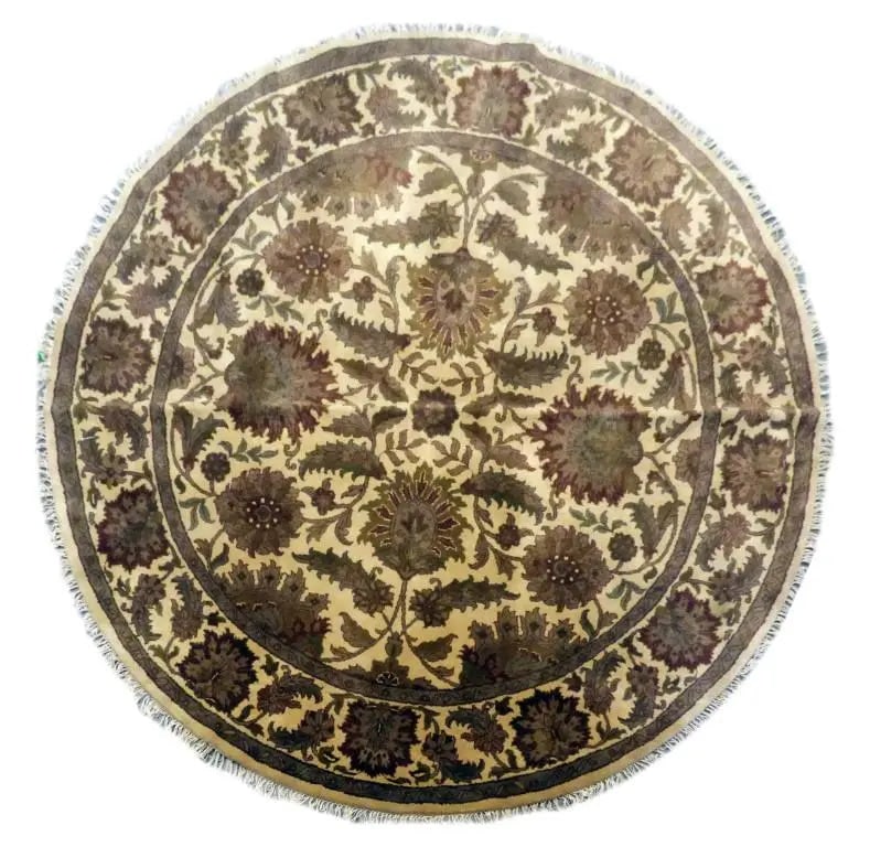 One Of The Kind Indian Hand-Knotted Rug 8' X 8': ABC Rugs Kilims Collection Indian Traditional Hand-Knotted Rug Made With Natural Wool & Cotton 8' X 8' (Abc 2371) (Cream, Beige) Hand knotted and meticulously crafted by Indian artisans, this stun