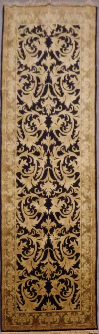 One Of The Kind Indian Hand-Knotted Rug 12'0'' X 4'1": ABC Rugs Kilims Collection Indian Hand-Knotted Natural Wool And Cotton Oriental Rug From Agra 12'0'' X 4'1 (Abcr015200) (Gr15200) (Black, Gold) Hand knotted and meticulously crafted by Indian artisans