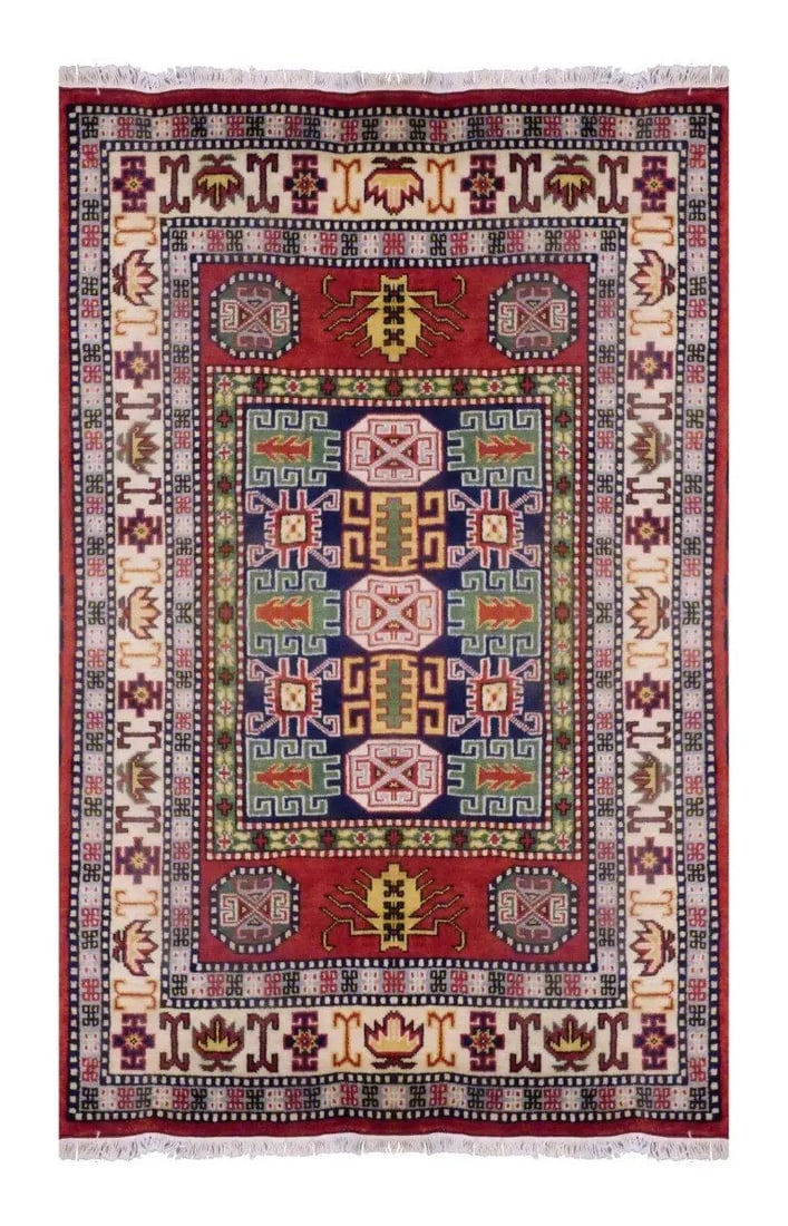 One Of The Kind Indian Hand-Knotted Rug 6'6 X 4'9: ABC Rugs Kilims Collection Indian Geomatric Hand-Knotted Rug Made With Natural Wool & Cotton 6'6 X 4'9 (Abc2269) (Red, Green) Hand knotted and meticulously crafted by Indian artisans, this stunnin