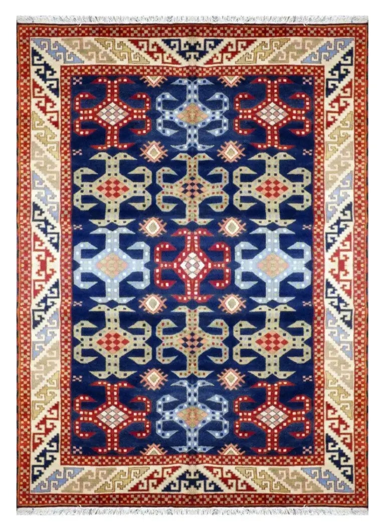 One Of The Kind Indian Hand-Knotted Rug 10' X 6'9": ABC Rugs Kilims Collection Indian Geomatric Hand-Knotted Rug Made With Natural Wool & Cotton 10' X 6'9 (Abc 2280) (Red, Blue) Hand knotted and meticulously crafted by Indian artisans, this stunnin
