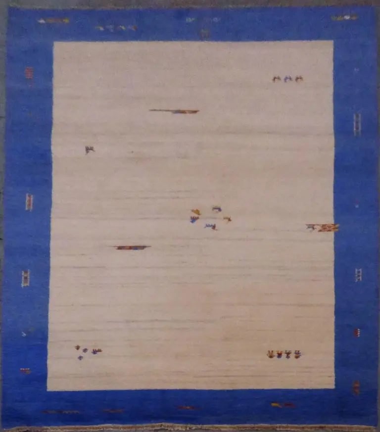 One Of The Kind Indian Hand-Knotted Gabbeh Rug 9'8" X 6'5": ABC Rugs Kilims Collection Indian Gabbeh Hand-Knotted Rug Made With Natural Wool And Cotton 9'8 X 6'5 (Abcr02604) (Camel, Blue) Hand knotted and meticulously crafted by Indian artisans, this stunning 