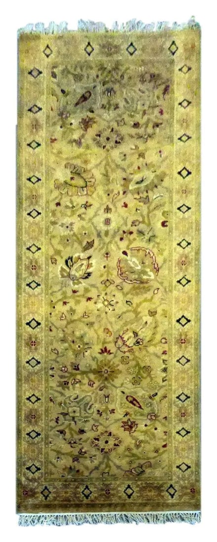 One Of The Kind Indian Hand-Knotted Rug 7'8 X 2'10: ABC Rugs Kilims Collection Indian Hand-Knotted Rug Made With Natural Wool & Cotton 7'8 X 2'10 (Abc3128) (Cream, Green) Hand knotted and meticulously crafted by Indian artisans, this stunning India