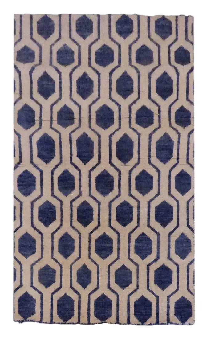 One Of The Kind Indian Modern Design Rug 5'4" X 3'11": ABC Rugs Kilims Collection Indian Hand-Knotted Rug Made With Natural Wool & Cotton 5'4 X 3'11 (Abc100264044) (Beige, Blue) Hand knotted and meticulously crafted by Indian artisans, this stunning I