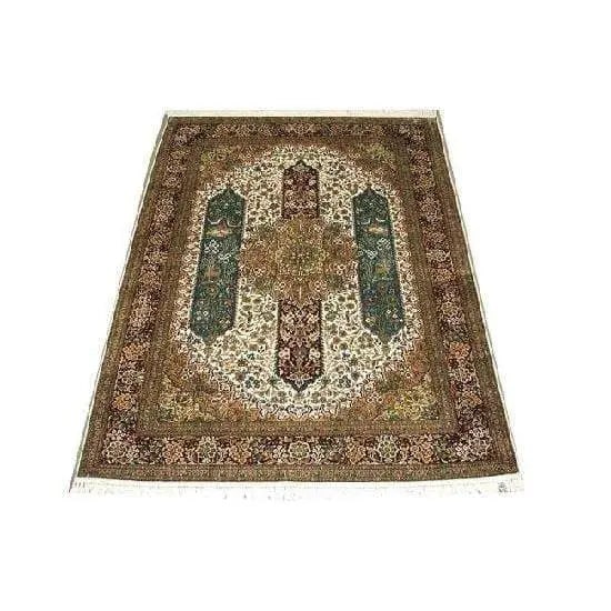 One Of The Kind Kashmiri Hand-Knotted Silk Rug 7'0" x 5'2": ABC Rugs Kilims Collection Home Collection Indo Nepal, India Style Oriental Hand-Knotted Rug With Natural Wool Area 7'0 X 5'2 (Abcr02390) (Cream, Brown) Hand knotted and meticulously crafted by Indian