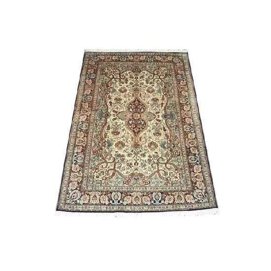 One Of The Kind Kashmiri Hand-Knotted Silk Rug 6'2" x 3'11": ABC Rugs Kilims Collection Home Collection Indo Nepal, India Style Oriental Hand-Knotted Rug With Natural Wool Area 6'2 X 3'11 (Abcr02392) (Cream, Brown) Hand knotted and meticulously crafted by India