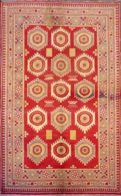Hand Knotted One Of The Kind Peshawar And Khotan Rug 8'4" x 5'2" Pes_Kho_276: ABC Rugs Kilims Collection East-Turkestan Samarkund Hand-Knotted Khotan Natural Wool Rug 8'4'' X 5'2'' (Abc0157274) (Red, Rose) Hand knotted and meticulously crafted by Afghan artisans, this stunning 