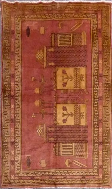 Hand Knotted One Of The Kind Peshawar And Khotan Rug 8'11" x 4'8" Pes_Kho_278: ABC Rugs Kilims Collection East-Turkestan Hand-Knotted Khotan Natural Wool Rug From Khotan 8'11'' X 4'8'' (Abc0134583) (Camel, Rose) Hand knotted and meticulously crafted by Afghan artisans, this stun