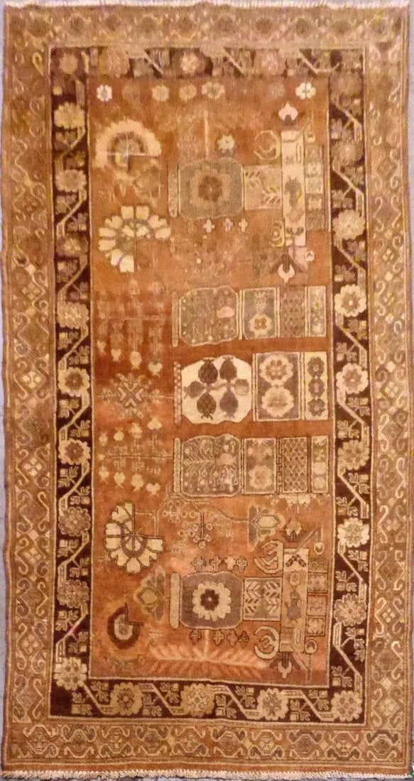 Hand Knotted One Of The Kind Peshawar And Khotan Rug 10'0" x 5'3" Pes_Kho_283: ABC Rugs Kilims Collection East-Turkestan Hand-Knotted Khotan Natural Wool Rug 10'0'' X 5'3'' (Abc0021300) (Camel, Brown) Hand knotted and meticulously crafted by Afghan artisans, this stunning Afghan