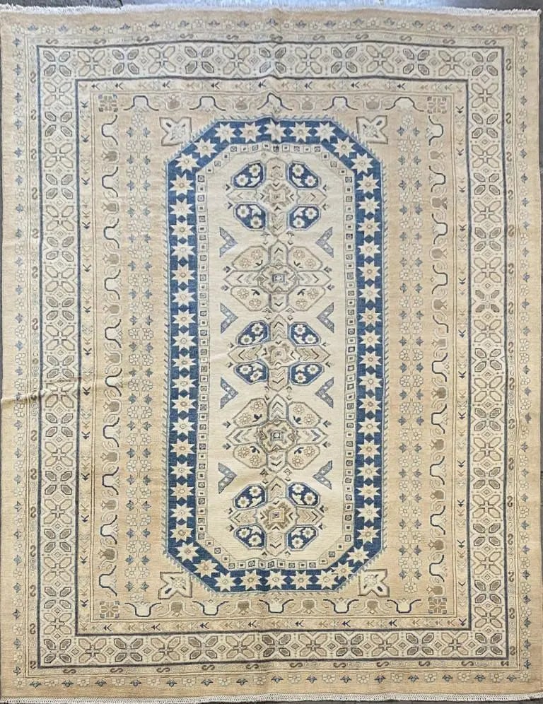 Hand Knotted One Of The Kind Peshawar And Khotan Rug 9'8" x 6'6" Pes_Kho_289: ABC Rugs Kilims Collection Afghani Traditional Style Hand-Knotted Natural Wool Rug 9'8'' X 6'6 (Abcr10709) (Rr10111) (Cream, Blue) Hand knotted and meticulously crafted by Afghan artisans, this stunni