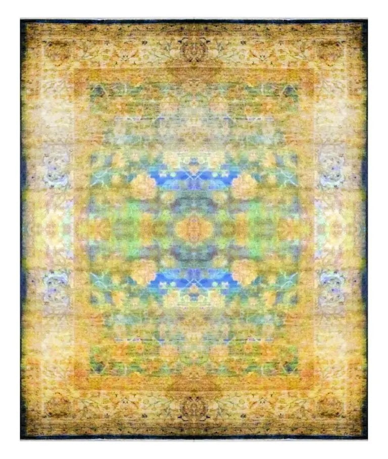 Hand Knotted One Of The Kind Peshawar And Khotan Rug 14'0" x 10'0" Pes_Kho_333: ABC Rugs Kilims Collection Afghani Modern Hand-Knotted 100% Natural Wool Rug From Khotan 14'0'' X 10'0'' (Abc 1) (Blue, Cream, Camel) Hand knotted and meticulously crafted by Afghan artisans, this stu