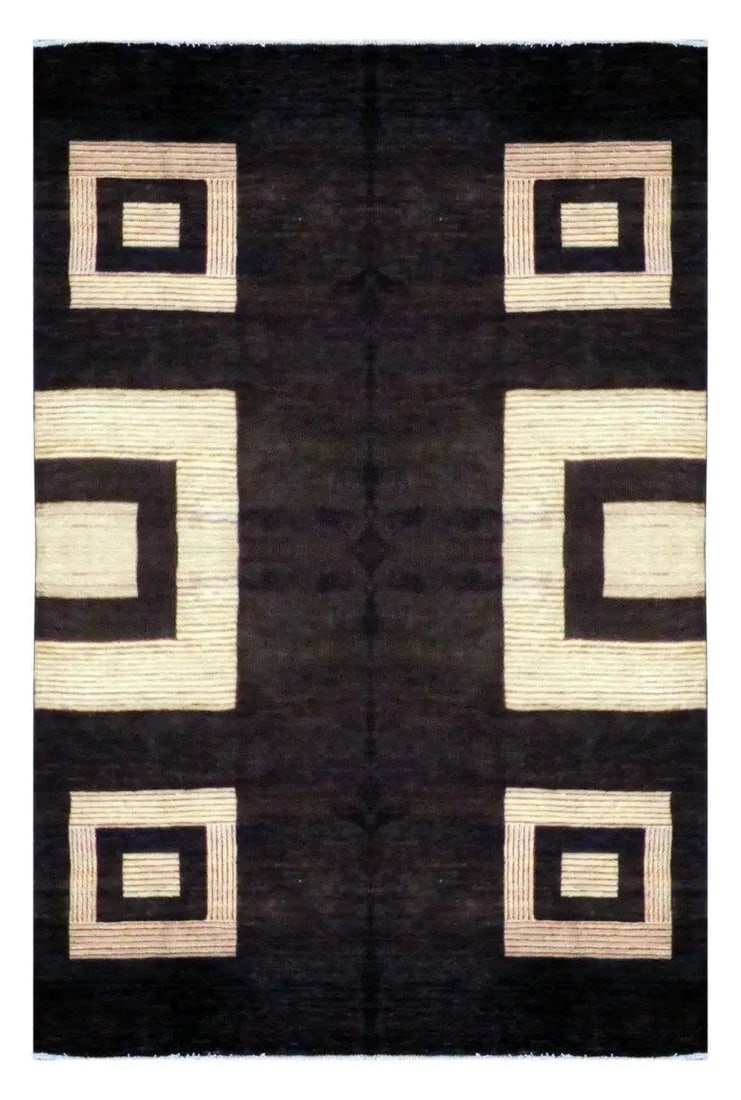 Hand Knotted One Of The Kind Peshawar And Khotan Rug 9'0" x 6'2" Pes_Kho_334: ABC Rugs Kilims Collection Afghani Modern Hand-Knotted 100% Natural Wool Rug 9'0'' X 6'2'' (Abcr00200014) (Cream, Black, Brown) Hand knotted and meticulously crafted by Afghan artisans, this stunning 