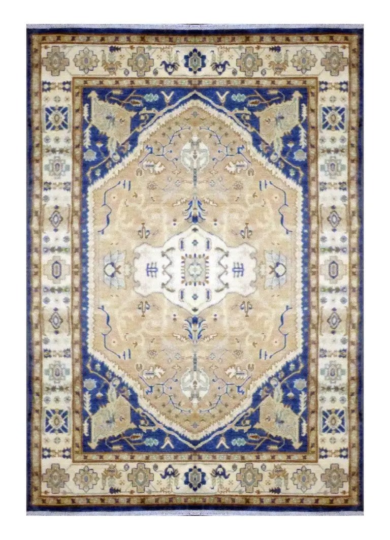 Hand Knotted One Of The Kind Peshawar And Khotan Rug 8'2" x 5'9" Pes_Kho_341: ABC Rugs Kilims Collection Afghani Khotan Hand-Knotted Rug Made With Natural Wool & Cotton Color Stone Wash 8'2 X 5'9 (Abc 10939) (Cream, Camel, Blue) Hand knotted and meticulously crafted by Afgh