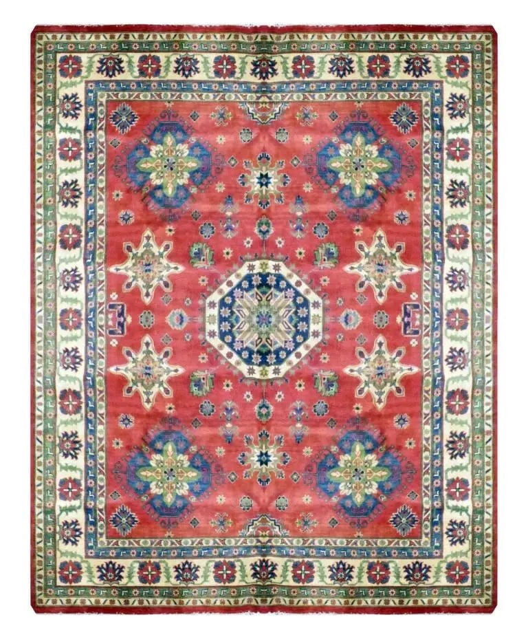 One Of The Kind Kazak Hand-Knotted Rug 9'9" x 7'9" Kz08: ABC Rugs Kilims Collection Afghani Kazak Hand-Knotted Rug Made With Natural Wool & Cotton 9'9 X 7'9 (Abc 21254) (Red, Blue) Hand knotted and meticulously crafted by Afghan artisans, this stunning 