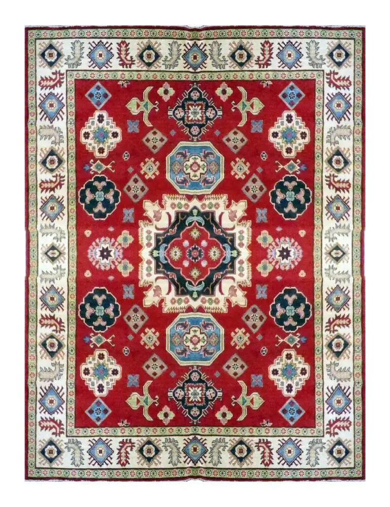 One Of The Kind Kazak Hand-Knotted Rug 9'8" x 8' Kz10: ABC Rugs Kilims Collection Afghani Kazak Hand-Knotted Rug Made With Natural Wool & Cotton 9'8 X 8' (Abc 21926) (Red, Blue) Hand knotted and meticulously crafted by Afghan artisans, this stunning A