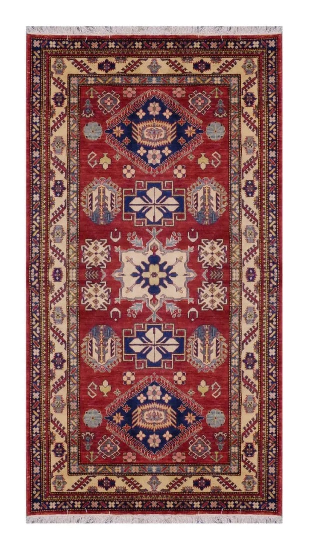 One Of The Kind Kazak Hand-Knotted Rug 7'3" x 5'3" Kz11: ABC Rugs Kilims Collection Afghani Kazak Hand-Knotted Rug Made With Natural Wool & Cotton 7'3 X 5'3 (Abc 1975) (Red, Blue) Hand knotted and meticulously crafted by Afghan artisans, this stunning A