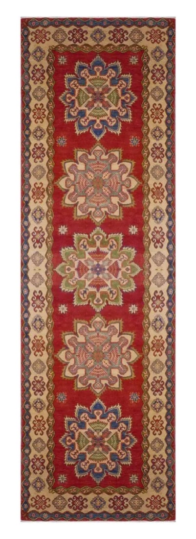 One Of The Kind Afghani Khotan Rug 12'3" x 3'11": ABC Rugs Kilims Collection Afghani Kazak Hand-Knotted Rug Made With Natural Wool & Cotton 12'3 X 3'11 (Abc 8219) (Red, Blue) Hand knotted and meticulously crafted by Afghan artisans, this stunning