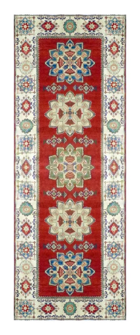 One Of The Kind Afghani Khotan Rug 13'1" x 4'11": ABC Rugs Kilims Collection Afghani Kazak Hand-Knotted Rug Made With Natural Wool & Cotton 13'1 X 4'11 (Abc 166169) (Red, Blue, Cream) Hand knotted and meticulously crafted by Afghan artisans, this