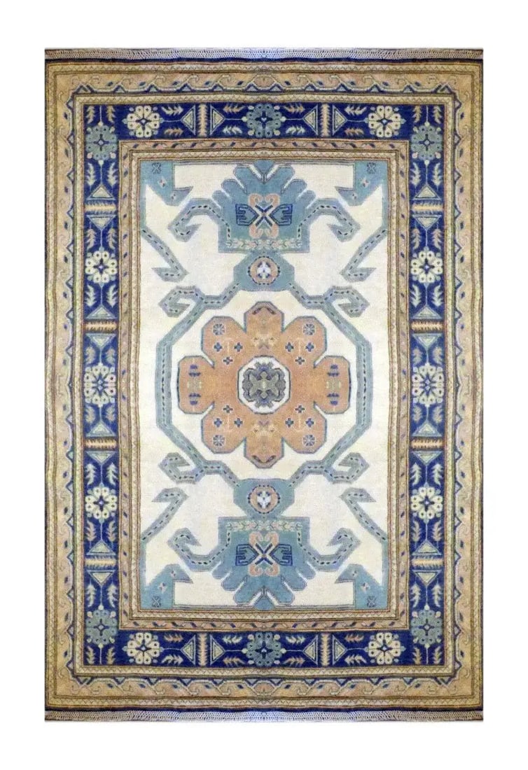 Hand Knotted One Of The Kind Peshawar And Khotan Rug 7' x 5' Pes_Kho_350: ABC Rugs Kilims Collection Afghani Hand-Knotted Rug Made With Natural Wool & Cotton 7' X 5' (Abc 0) (Cream, Blue) Hand knotted and meticulously crafted by Afghan artisans, this stunning Afghani Ru