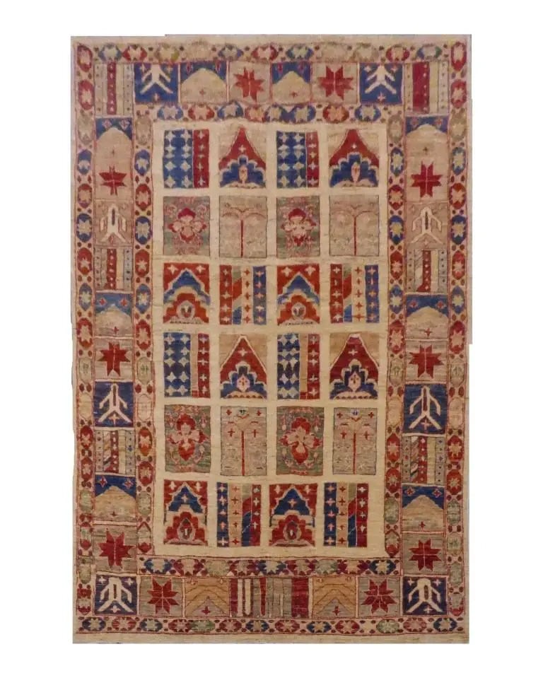 One Of The Kind Afghani Hand-Knotted Rug 8' x 5'8" Afg73: ABC Rugs Kilims Collection Afghani Baktiwari Hand-Knotted Rug Made With Natural Wool & Cotton 8' X 5'8 (Abc 20746) (Red, Blue, Camel) Hand knotted and meticulously crafted by Afghan artisans, this