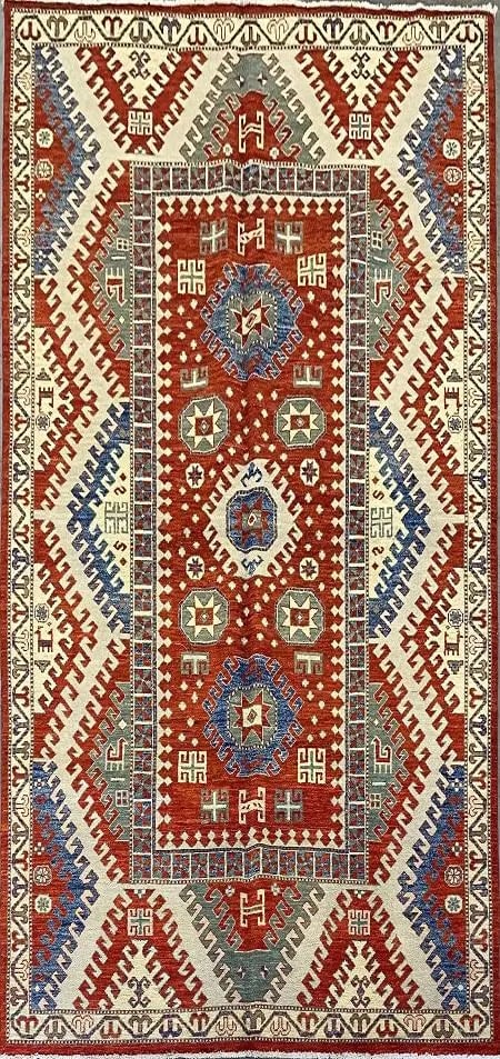 One Of The Kind Kazak Hand-Knotted Rug 5'11" x 8'8" Kz18: ABC Rugs Kilims Collection Afghan Kazak Traditional Style Natural Wool Rug 5'11'' X 8'8 (Abc8581)(Rr10329) (Red, Cream, Blue) Hand knotted and meticulously crafted by Afghan artisans, this stunning Af