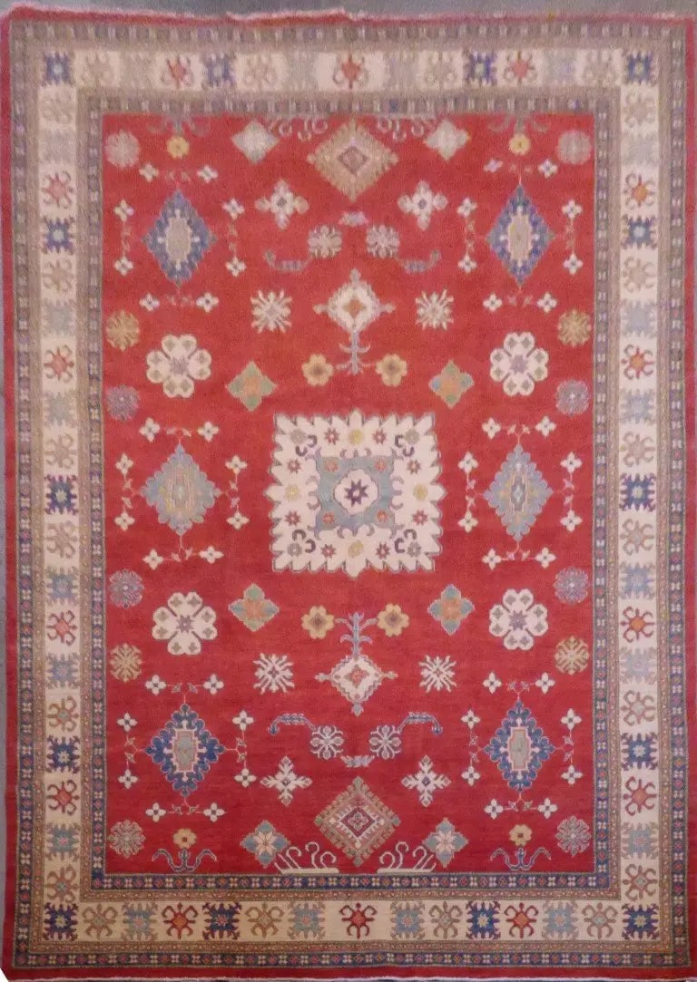 Hand Knotted One Of The Kind Peshawar And Khotan Rug 14'10" x 10'0" Pes_Kho_368: ABC Rugs Kilims Collection Afghan Badakhan Hand-Knotted Natural Wool Rug 14'10'' X 10'0'' (Abcr020375) (Red, Cream, Blue) Hand knotted and meticulously crafted by Afghan artisans, this stunning Afghan