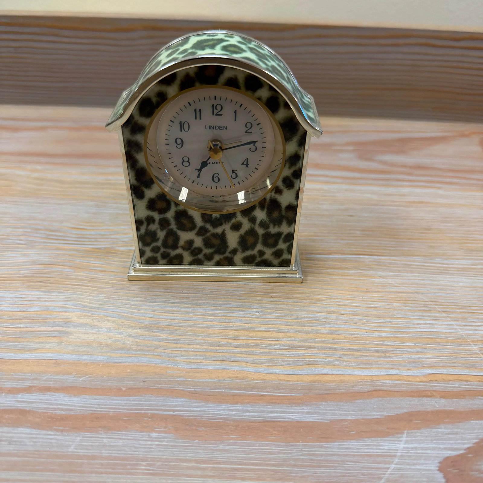 Leopard Print Alarm Clock 4" x 4", HD31: Square quartz clock with leopard border and Roman numerals.