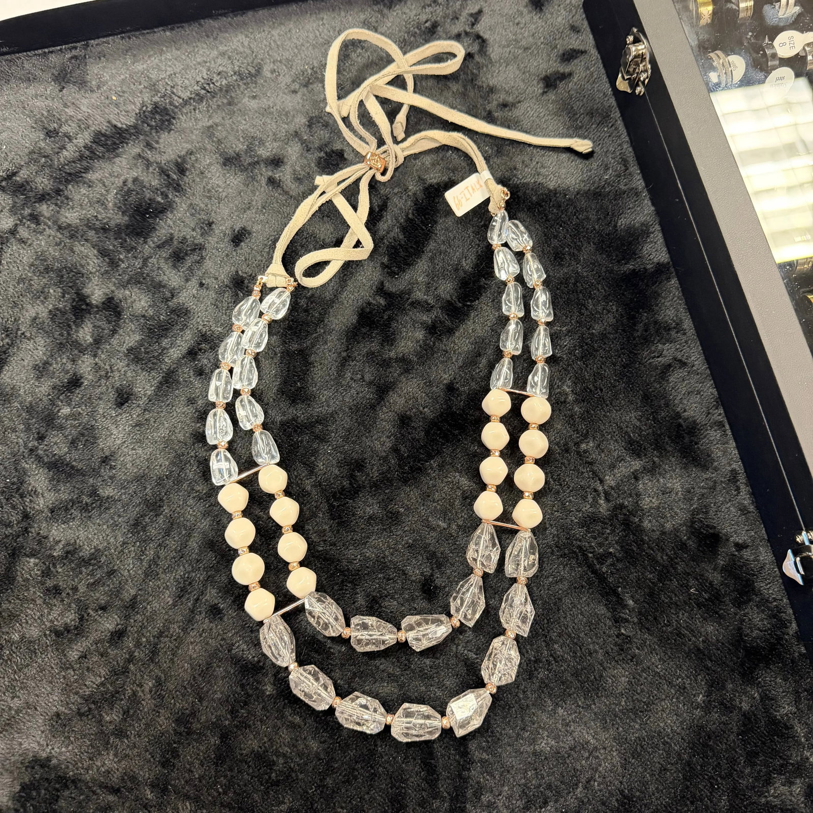 Art Deco Frosted Glass 18" Length, HD38: Double-strand with translucent frosted discs and faceted spacers.